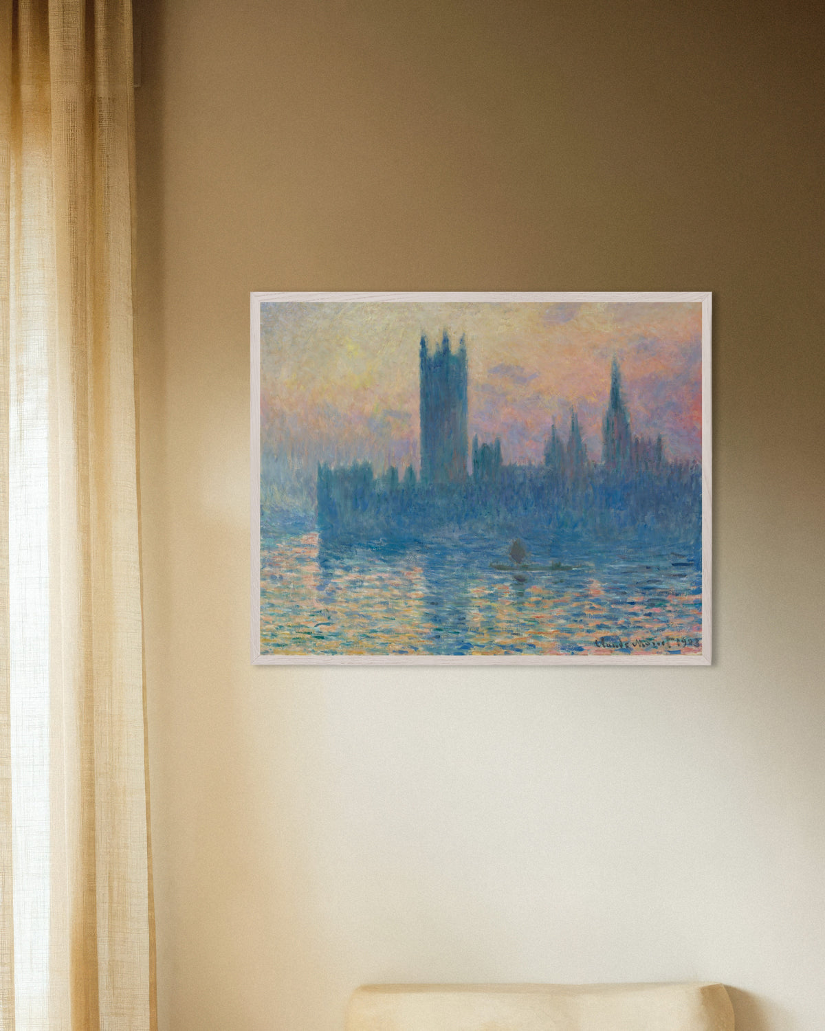 Poster Il Parlamento, tramonto (1903) di Claude Monet con cornice in legno bianco