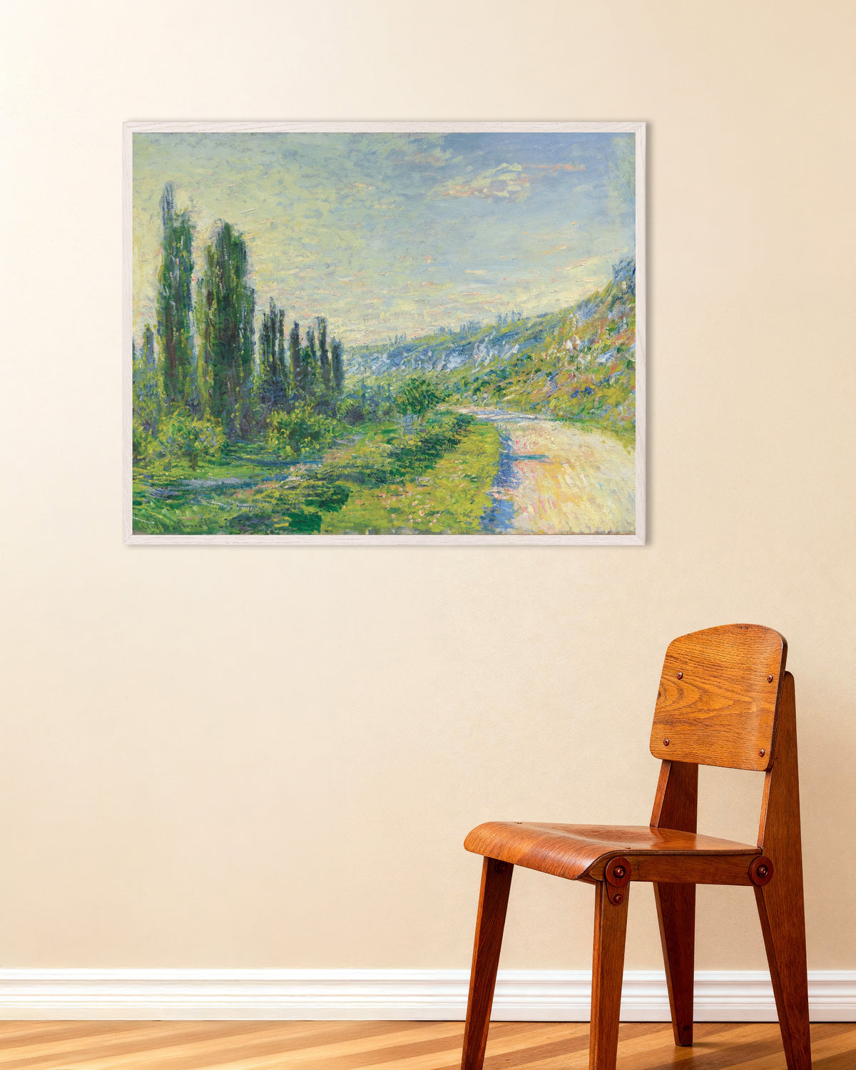 Poster La strada di Vétheuil (circa 1880) di Claude Monet con cornice in legno bianco