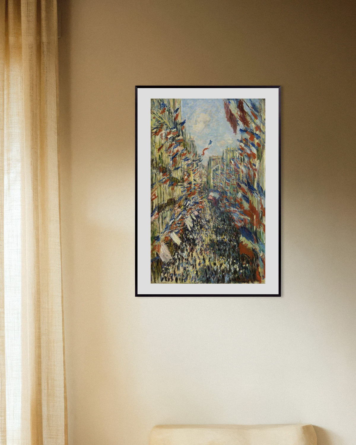 Affiche La Rue Montorgueil à Paris, fête du 30 juin 1878 de Claude Monet, avec un cadre en métal