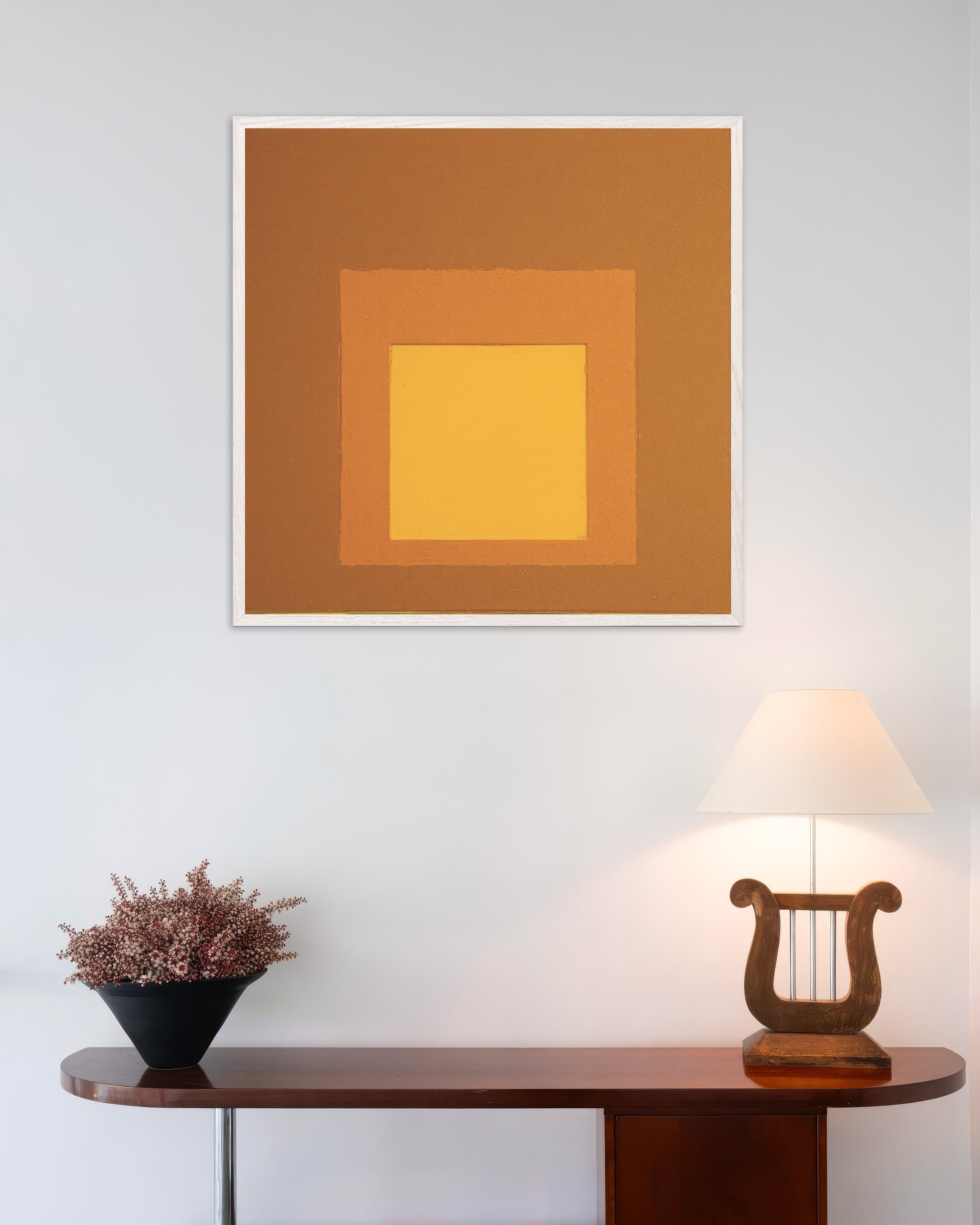 Poster of Three squares in autumn colors, abstract wall art print, with white wooden frame