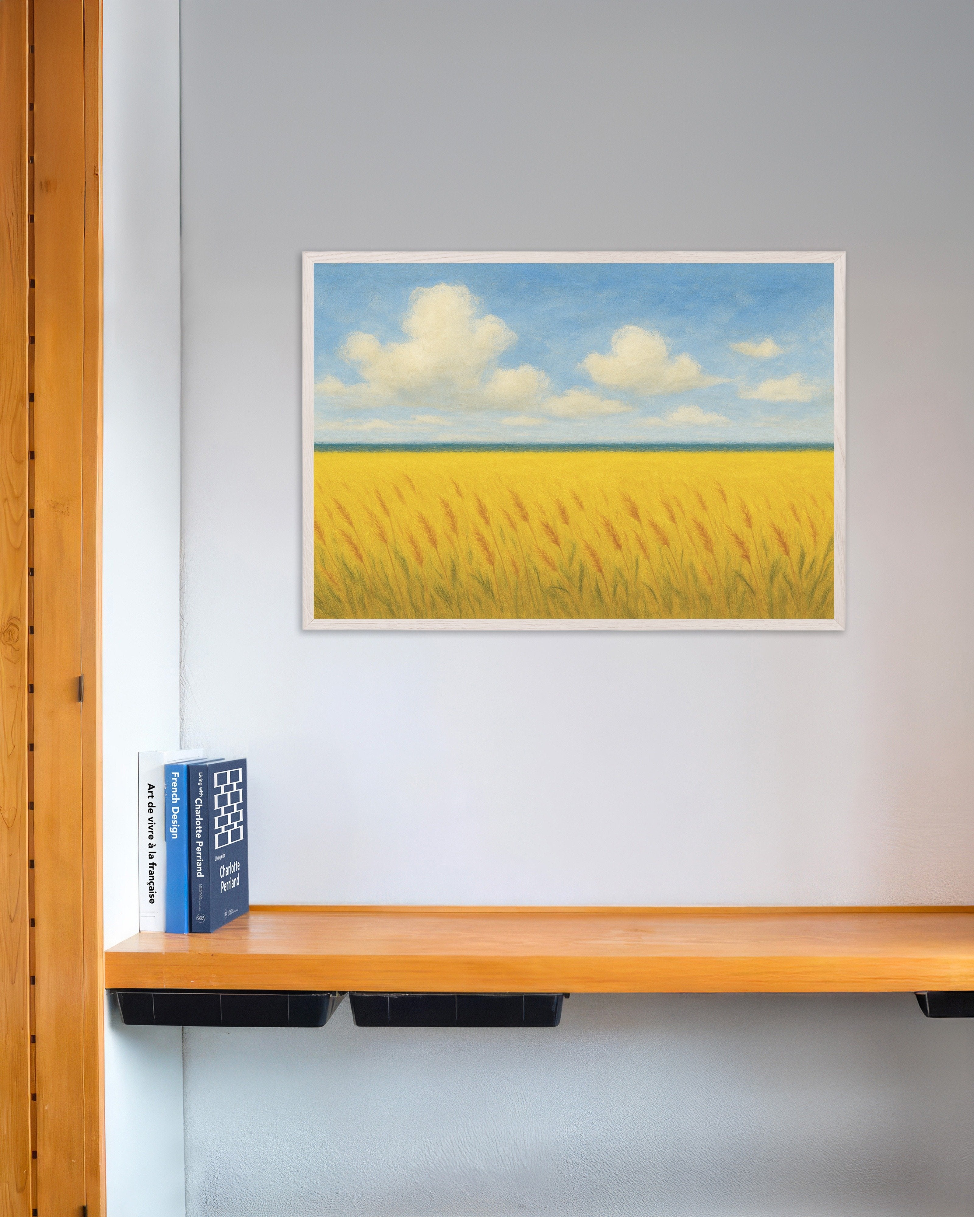 Poster of Ukraine poster -  Wheat field and blue sky, with white wooden frame