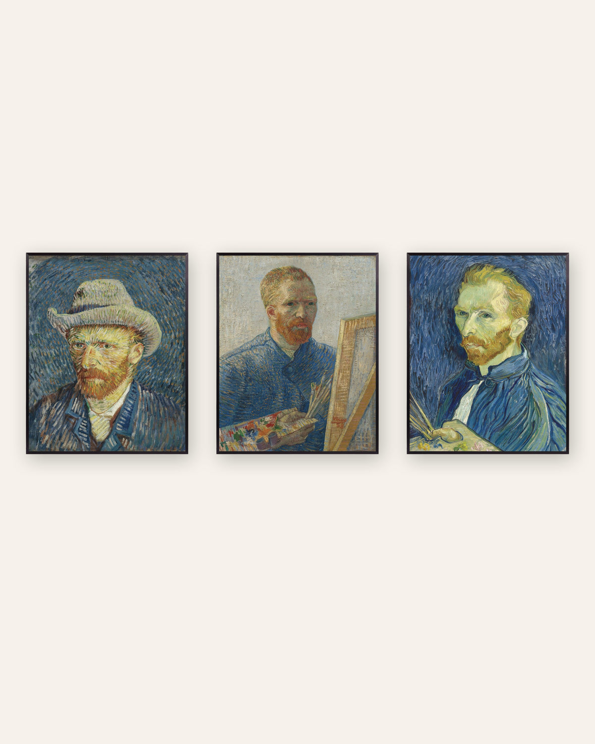 Affiches autoportraits de Van Gogh, lot de 3 : de Paris à Saint-Rémy, cadres en métal noir