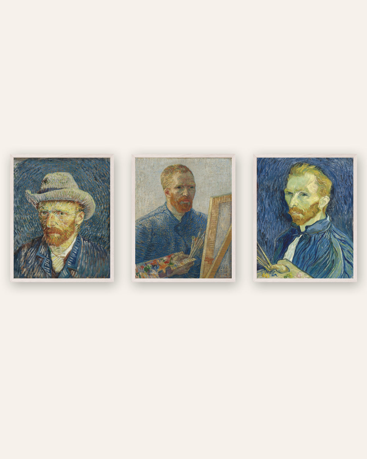Affiches autoportraits de Van Gogh, lot de 3 : de Paris à Saint-Rémy, cadres en chêne blanc