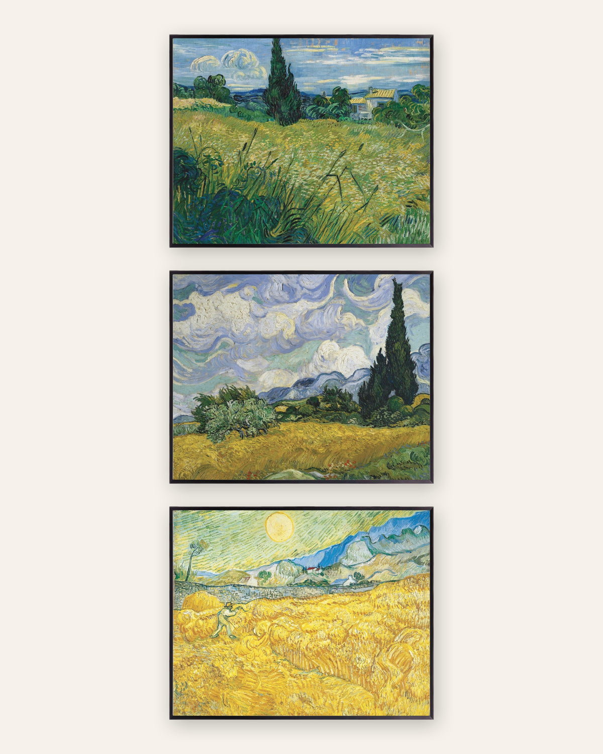Affiches Van Gogh champs de blé, lot de 3 : cyprès et moisson, cadres en métal noir