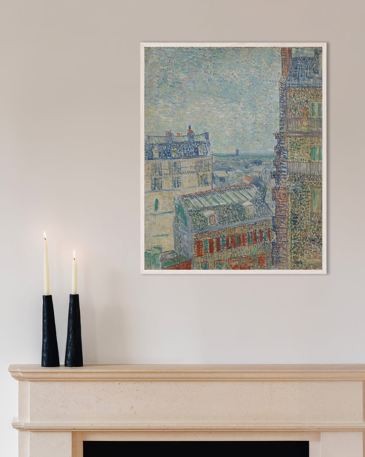 Poster di Veduta dall’appartamento di Theo (1887) di Vincent van Gogh, con cornice in legno bianco
