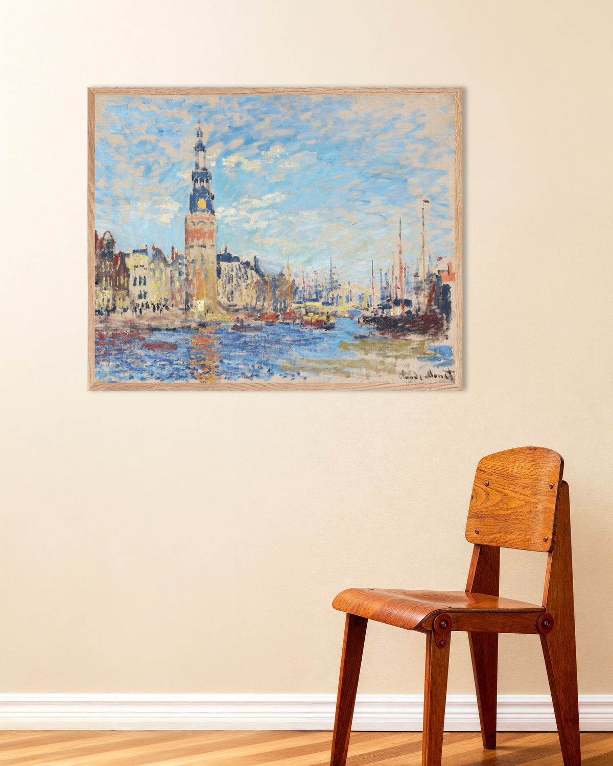 Poster Veduta della Montelbaanstoren, Amsterdam (1874) di Claude Monet con cornice in legno naturale