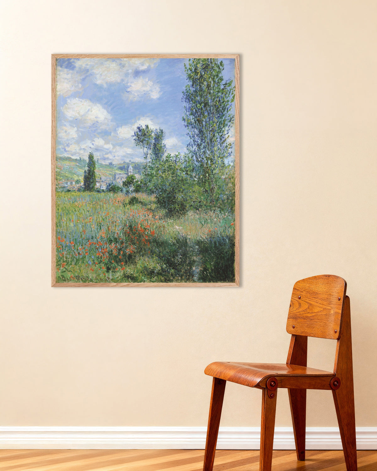 Affiche Vue de Vétheuil (1880) de Claude Monet, avec un cadre en bois naturel