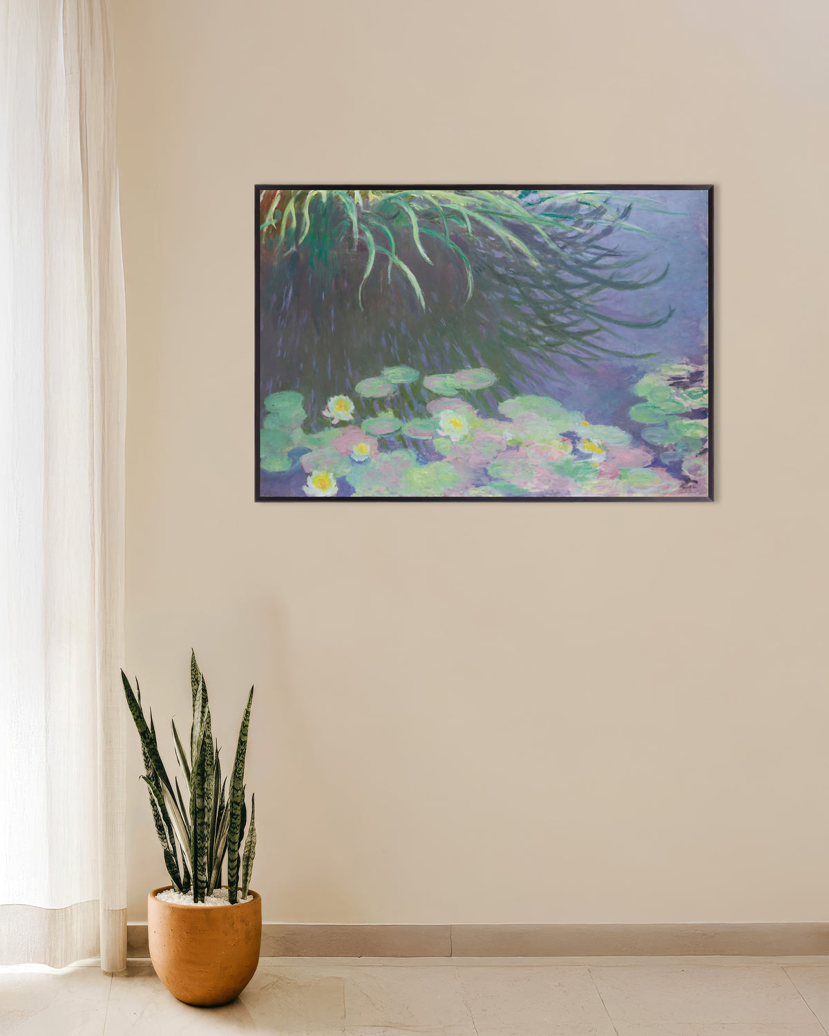Poster Ninfee con riflessi di erba alta (1914–1917) di Claude Monet con cornice in metallo