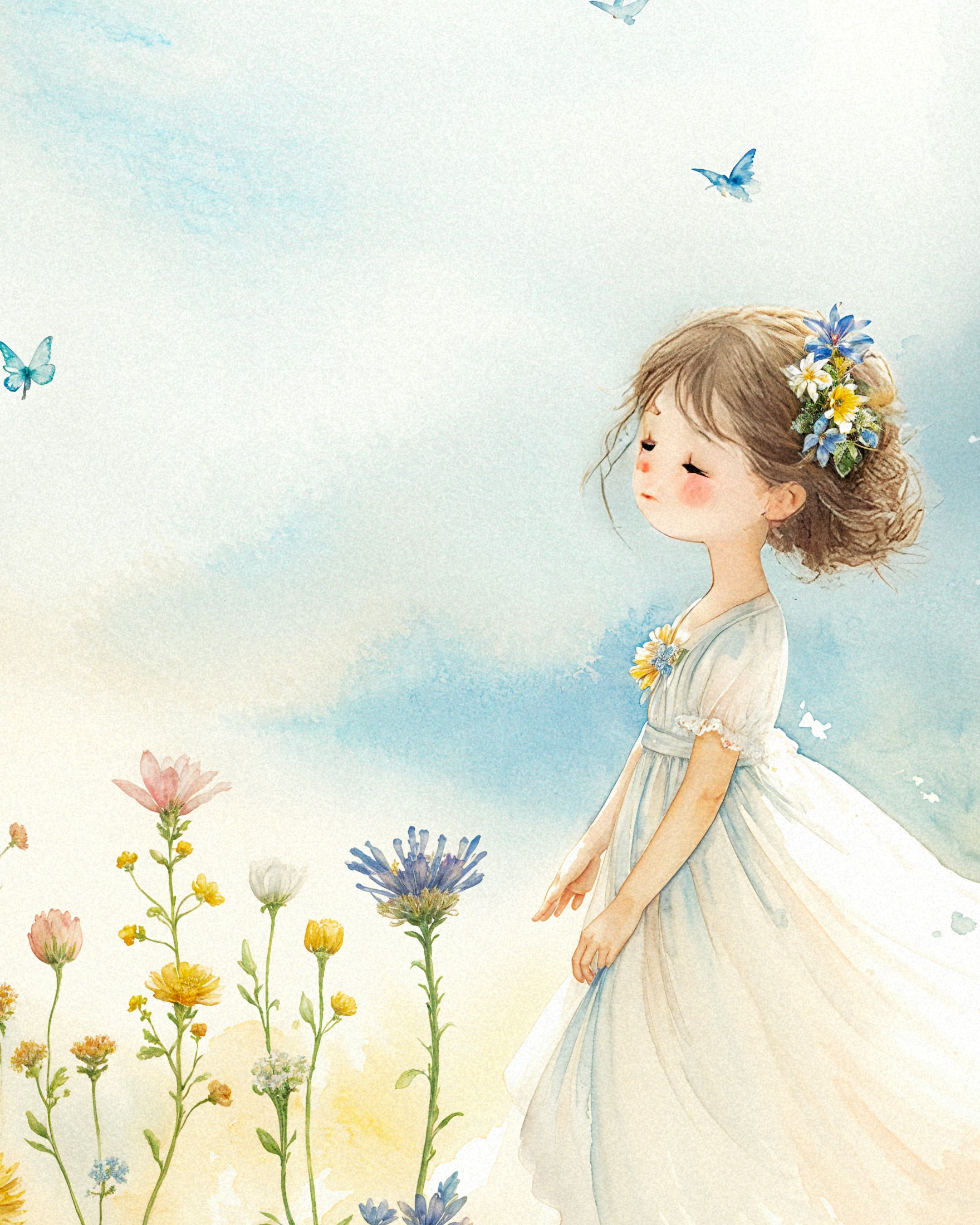 Aquarellmalerei, junges Mädchen und Blumen - Poster