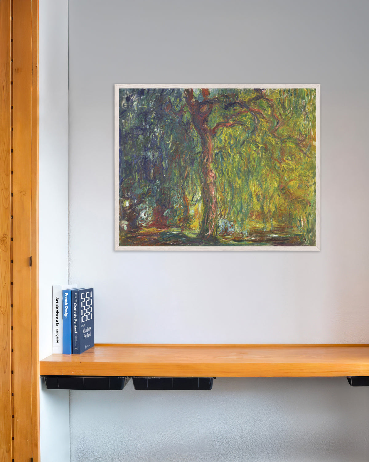 Poster Trauerweide (1918–1919) von Claude Monet mit weißem Holzrahmen