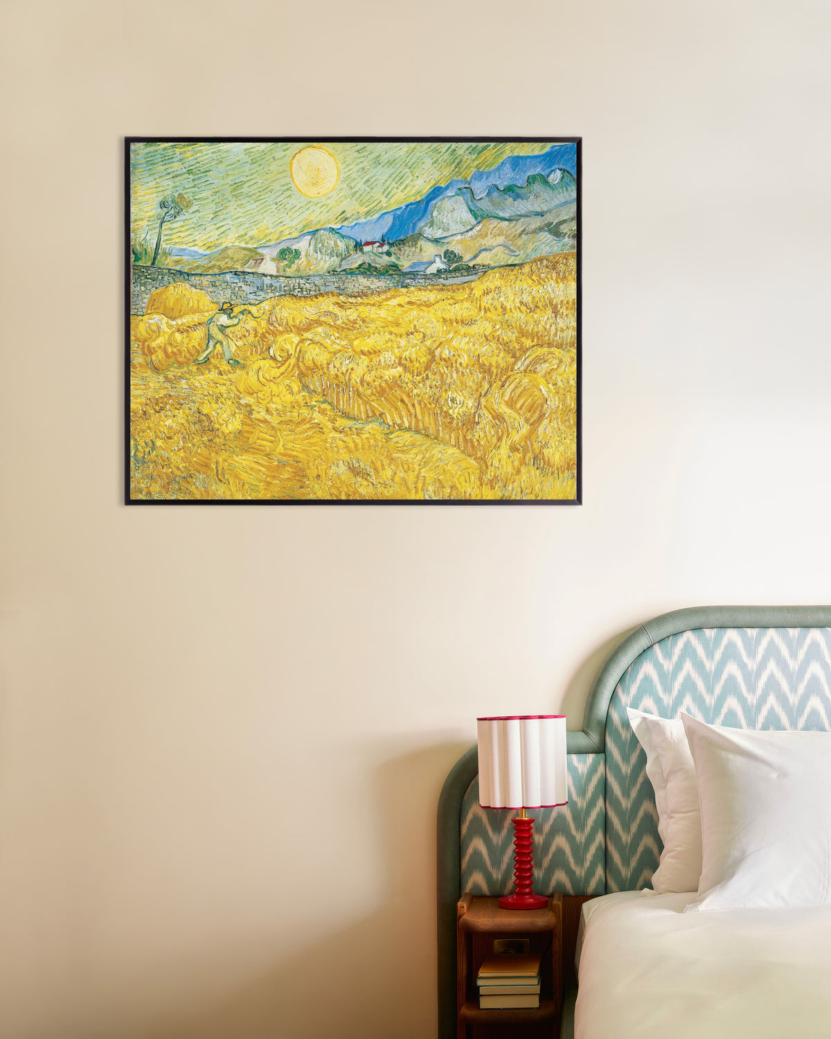 Poster di Campo di grano dietro l’ospedale Saint-Paul con un mietitore (1889) di Vincent van Gogh, con cornice metallica