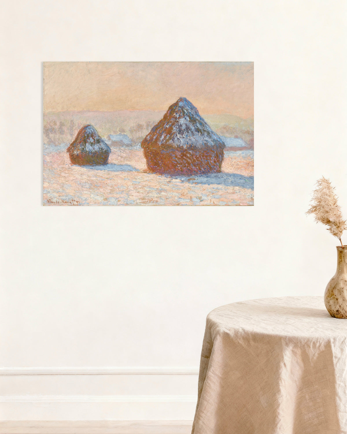 Poster Getreideschober, Schneeeffekt, Morgen (1891) von Claude Monet