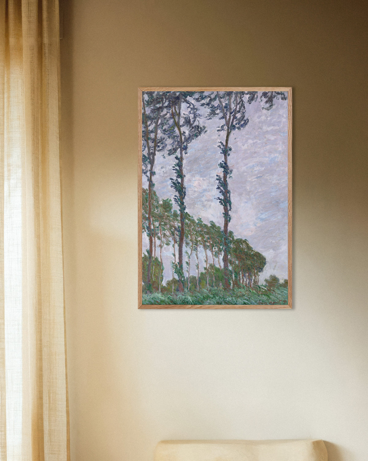 Affiche Les Peupliers, effet de vent (1891) de Claude Monet, avec un cadre en bois naturel