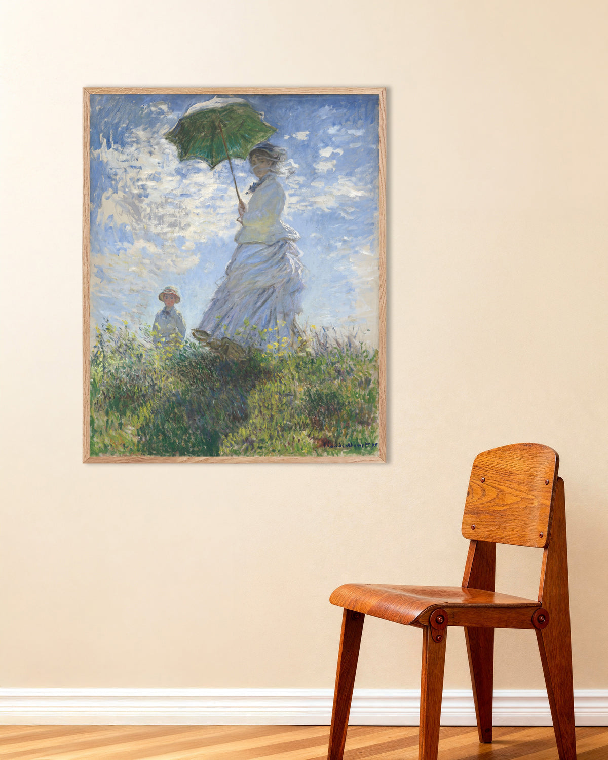 Poster Donna con parasole, Madame Monet e suo figlio (1875) di Claude Monet con cornice in legno naturale