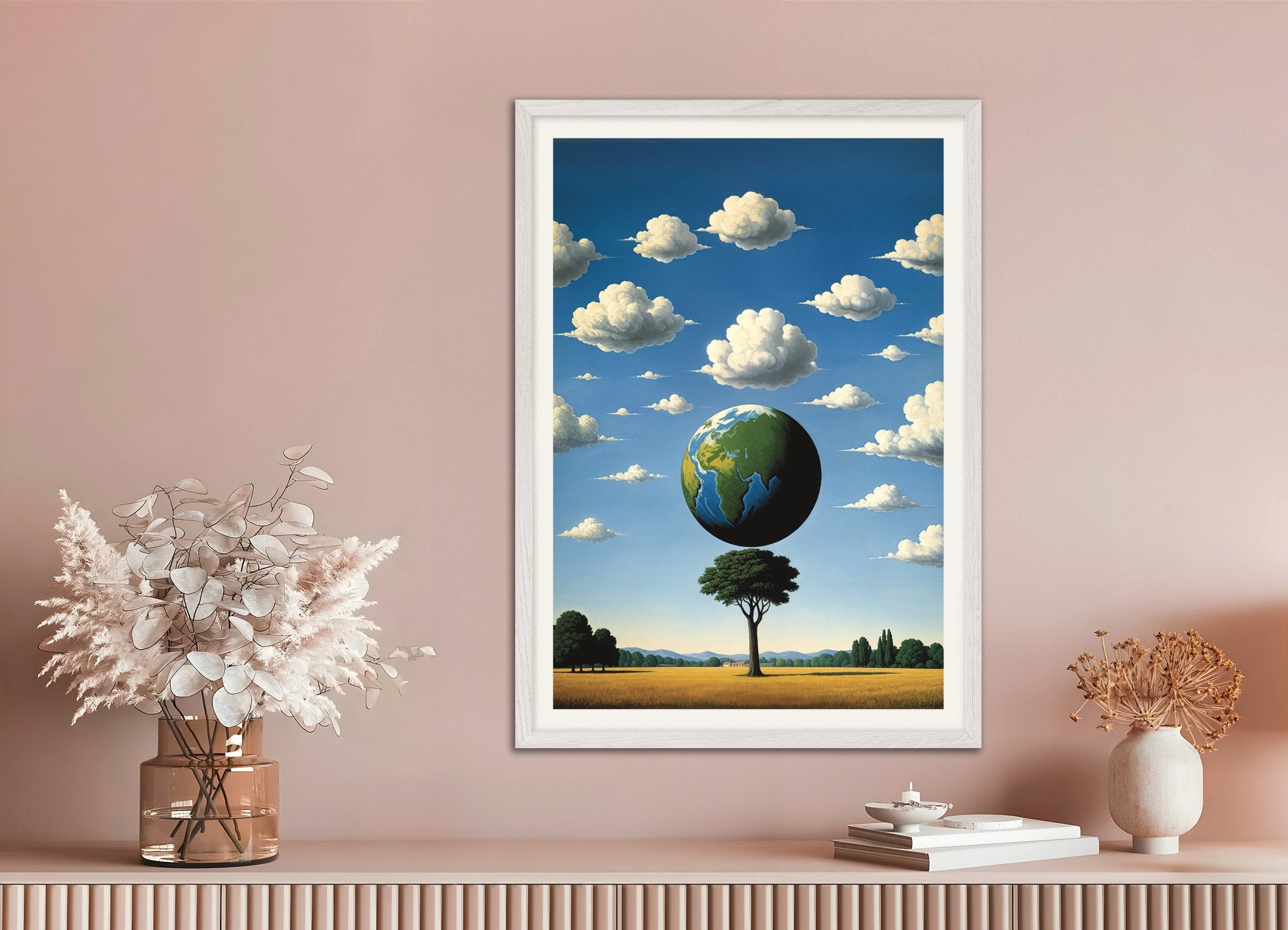 Poster of World tree – surreal Belgian poster, with white wooden frame