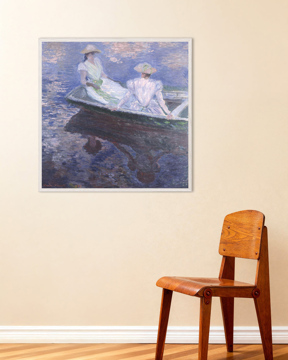 Affiche Jeunes filles en barque (1887) de Claude Monet, avec un cadre en bois blanc